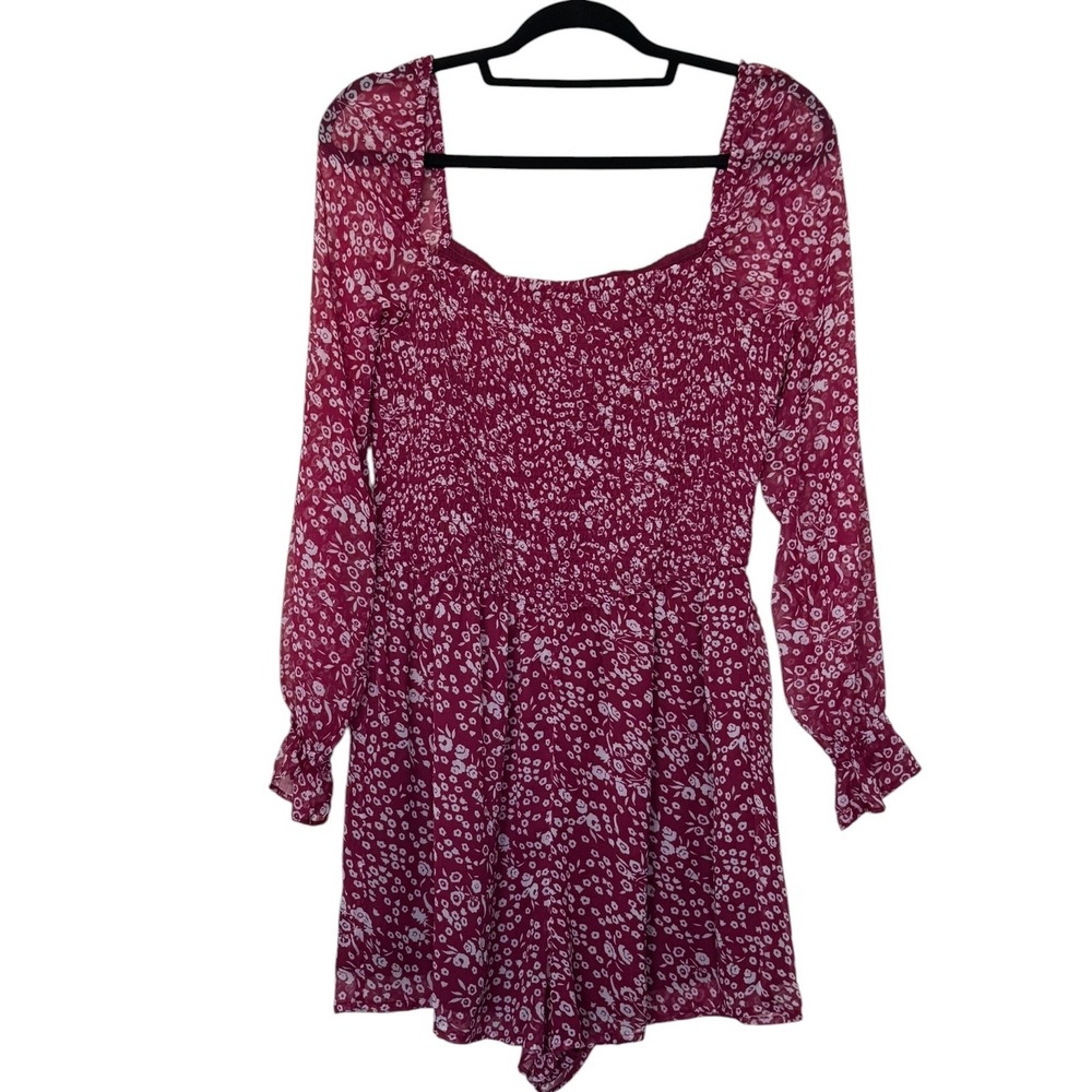 Abercrombie & Fitch Burgundy Floral Smocked Long Sleeve Romper Womens Large